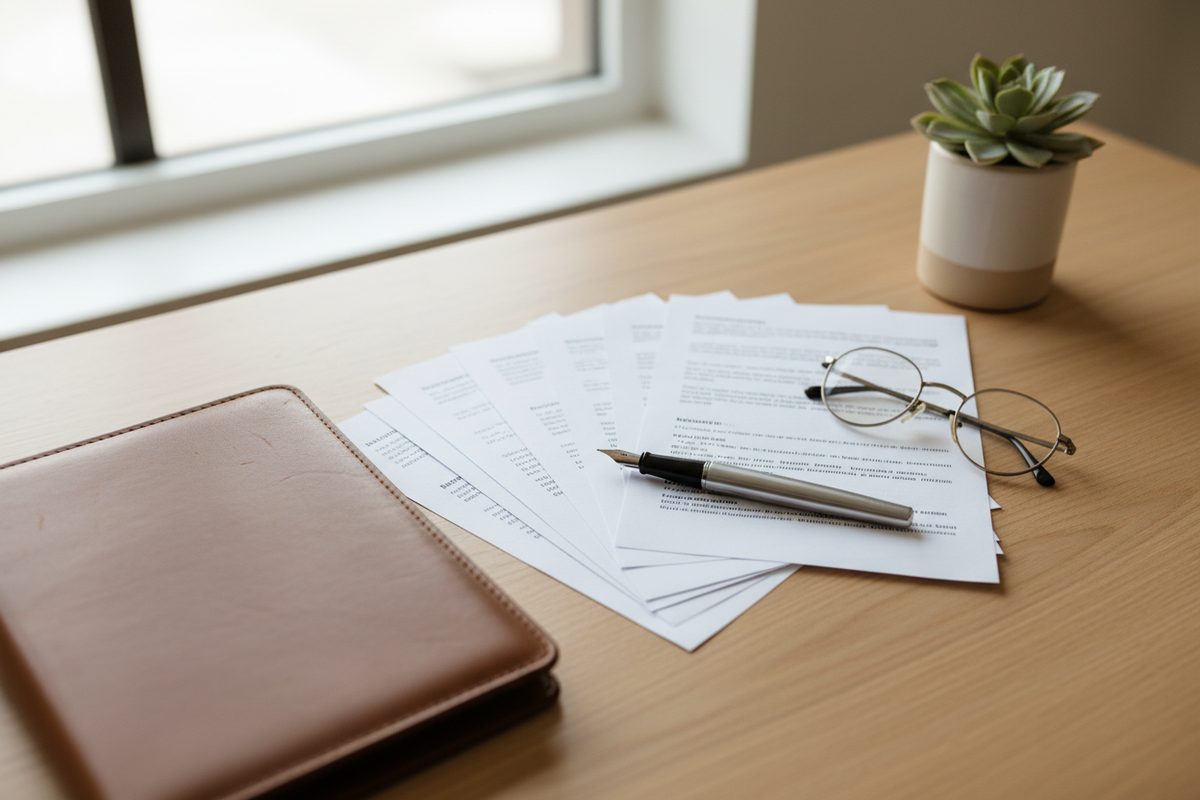 Overhead view of a clinician's desk with a fanned stack of printed handouts, a portfolio, pen, and reading glasses