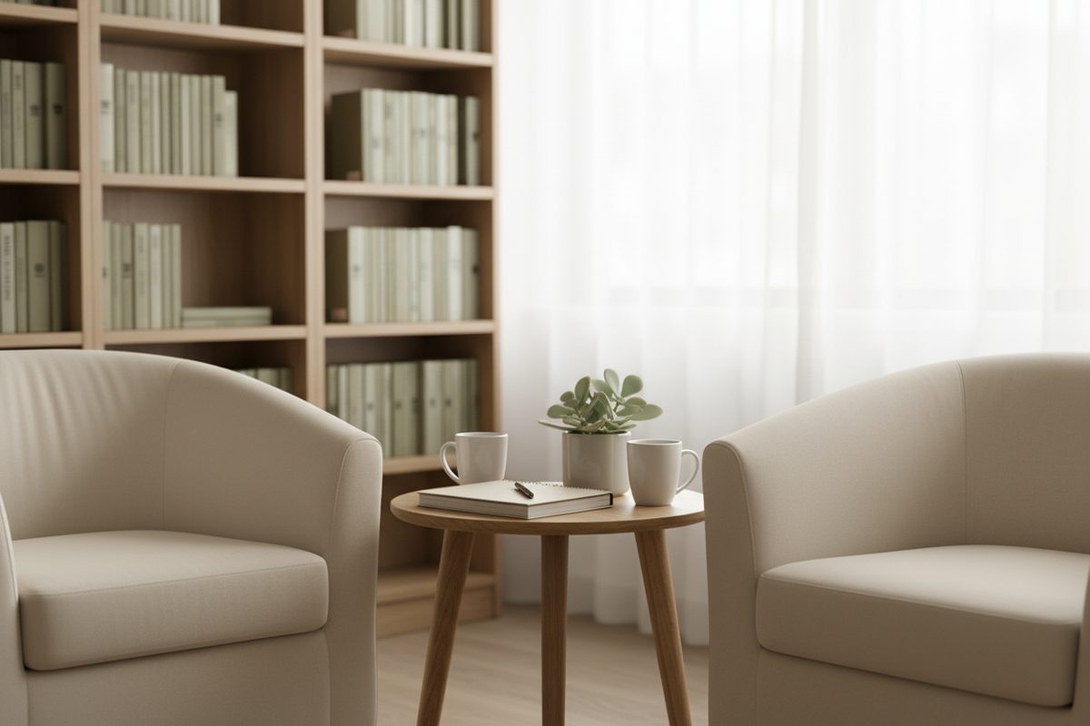 Two empty chairs angled toward each other across a small table in a calm clinical consulting space