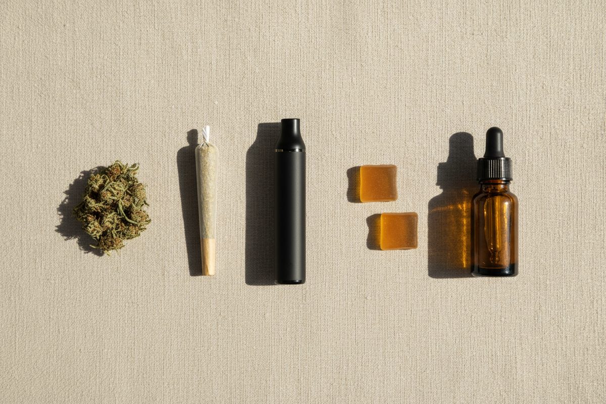 Overhead flat-lay of five cannabis consumption forms: flower, joint, vape pen, gummies, and a tincture bottle