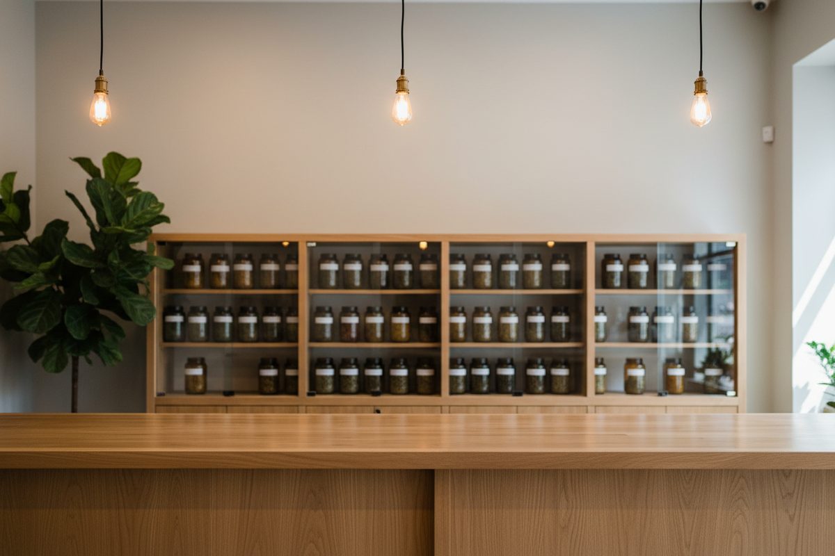 Interior of a generic modern cannabis dispensary showing a wooden counter, display cases, and warm pendant lighting