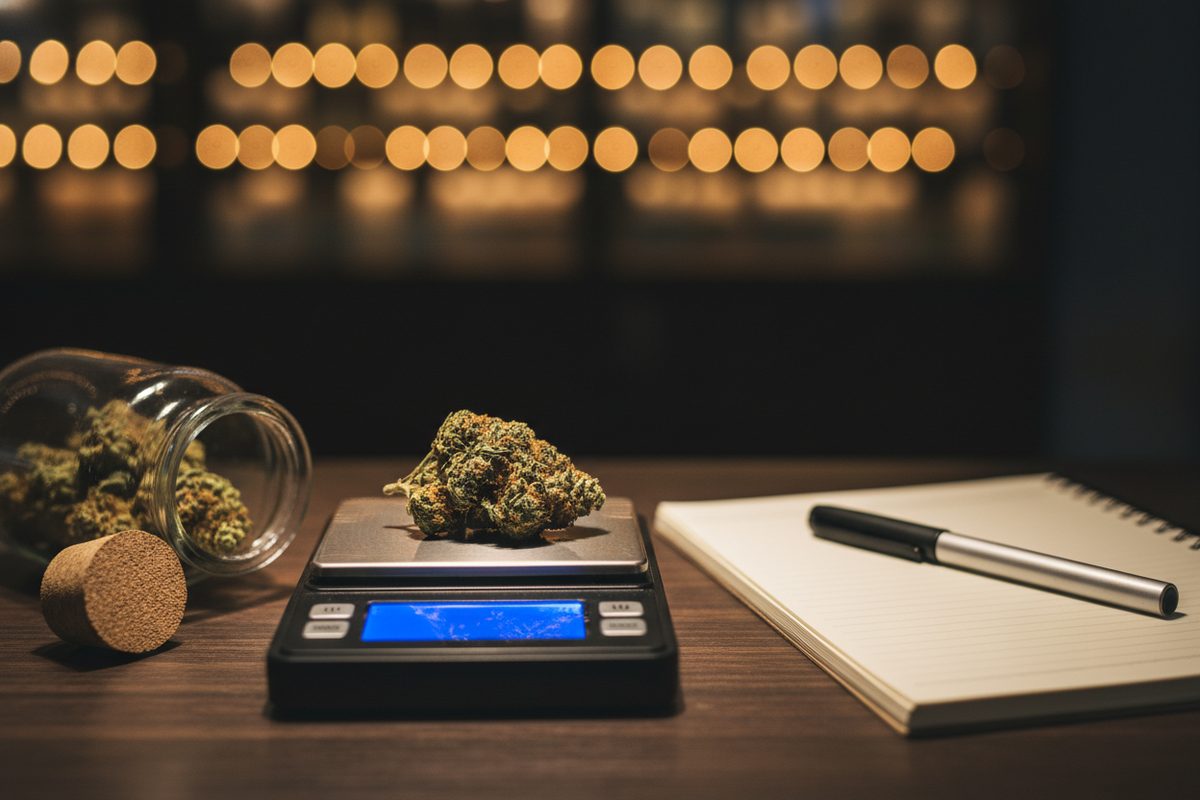 A jeweler's scale weighing a cannabis bud beside a notebook and open glass jar at a dispensary counter