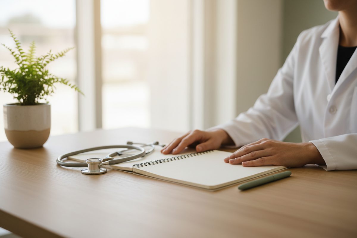 Calm doctor's office scene with a stethoscope, notebook, and a clinician seated across the desk, face not visible