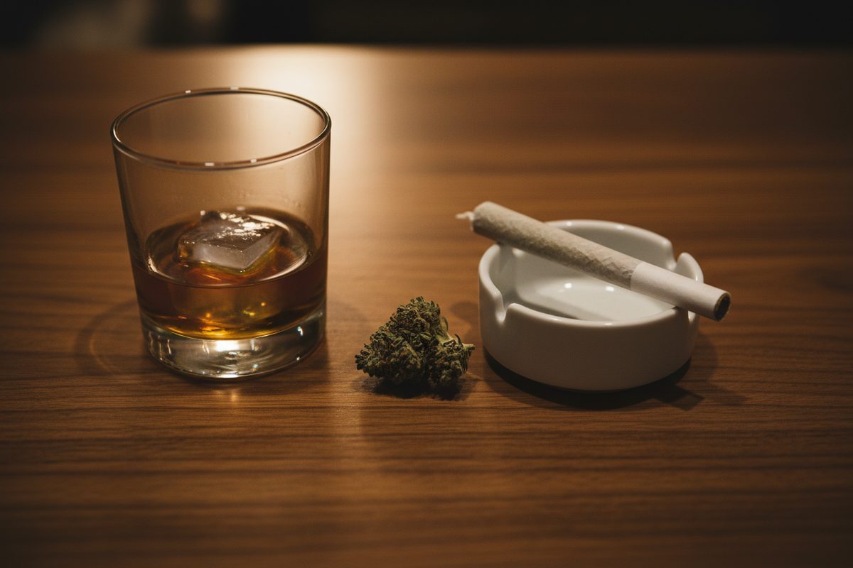 A rocks glass with amber spirit on the left and a joint resting on an ashtray with a cannabis bud on the right