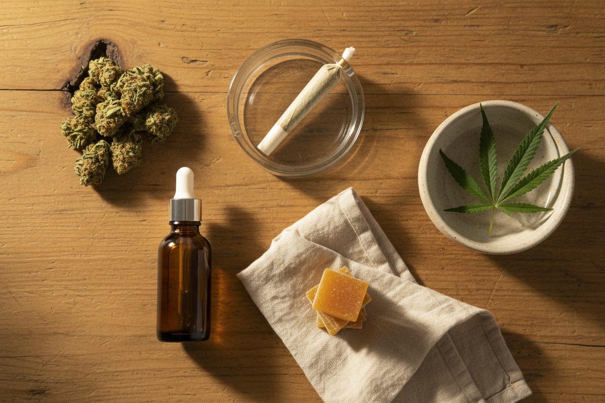 Overhead arrangement of unbranded cannabis products on a wooden table: flower, a pre-roll, a tincture bottle, and gummies