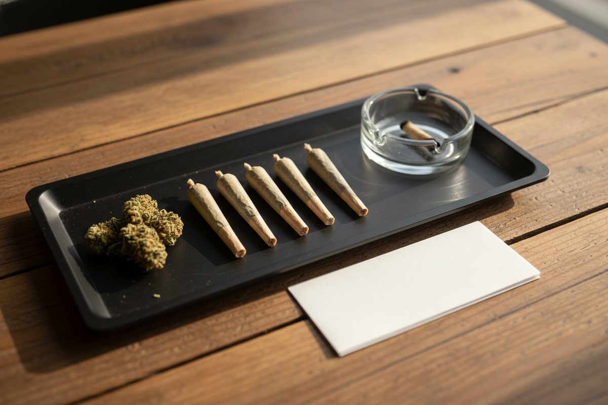 Matte black rolling tray with five hand-rolled joints, loose flower, an ashtray, and rolling papers on a wooden table