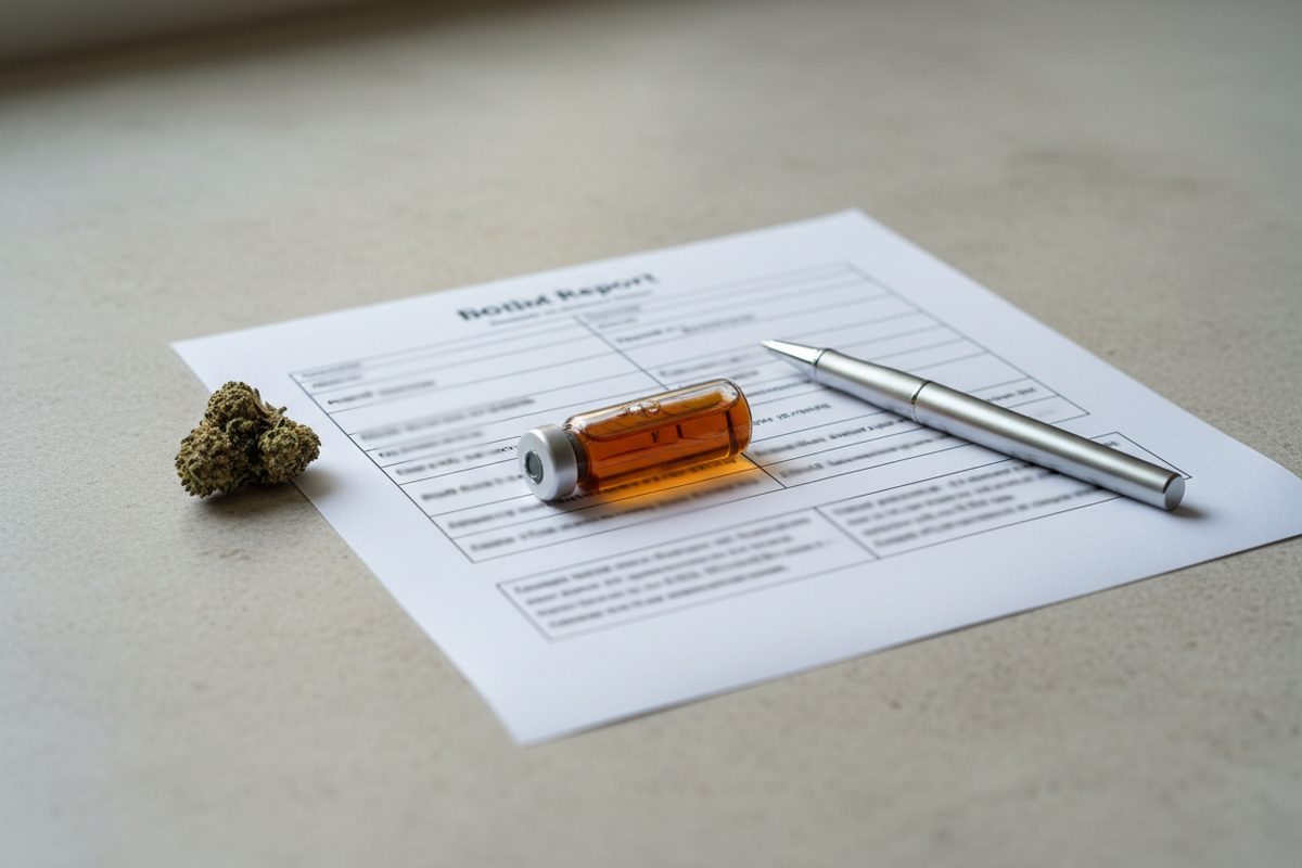Overhead view of an unreadable lab report with a glass vial of extract, a pen, and a cannabis bud