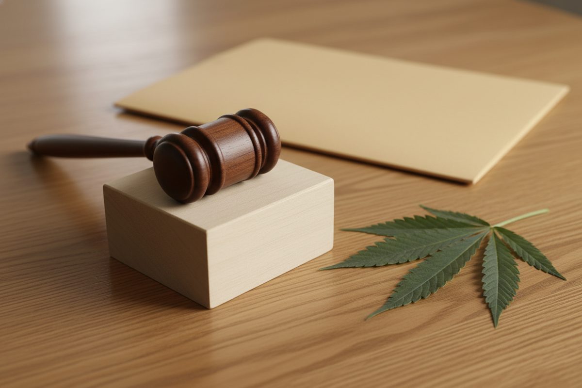 Small wooden gavel beside a cannabis fan leaf on a wooden desk