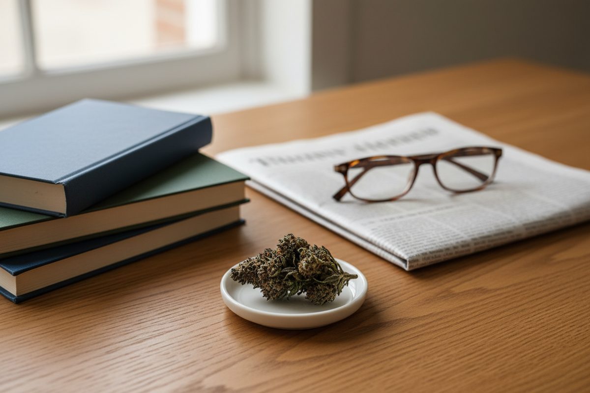 Stack of unlabeled books, a newspaper with blurred text, reading glasses, and a cannabis bud on a desk