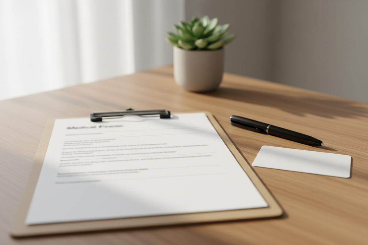 Clipboard with a blank medical form, plain ID card, and pen on a wooden desk