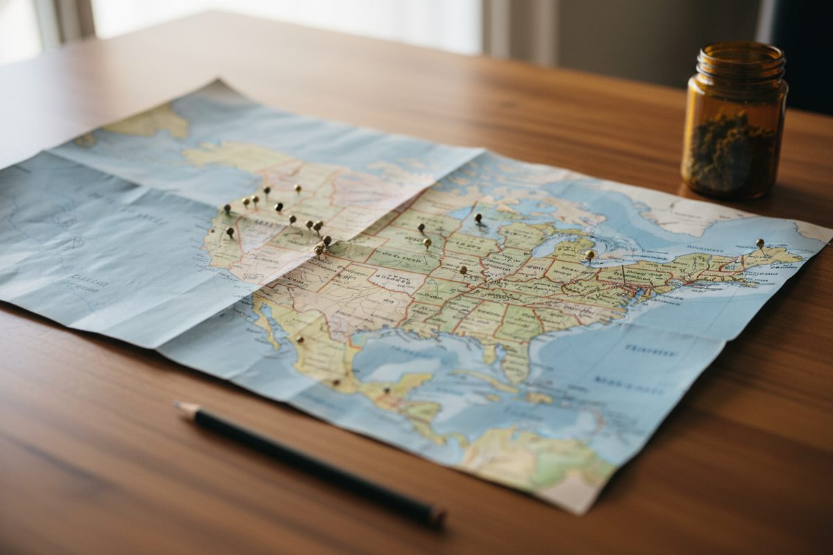 Overhead view of a North America map with brass pins, a pencil, and a small jar of cannabis flower