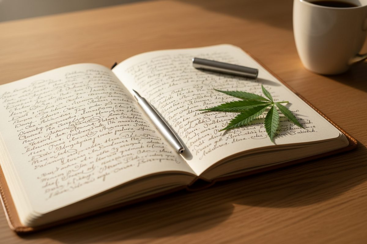 Open leather notebook with illegible handwriting, a cannabis fan leaf laid on the page, and a pen