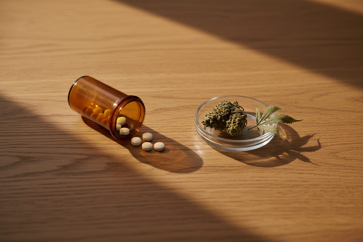 Overhead view of an unlabeled prescription bottle with spilled pills on the left and a cannabis bud with a leaf on the right