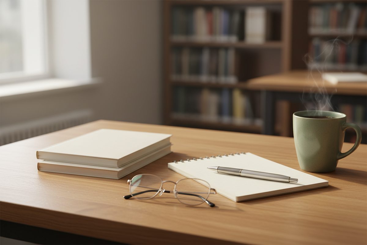 Stack of plain academic journals with a notebook, pen, reading glasses, and a mug of tea on a wooden desk
