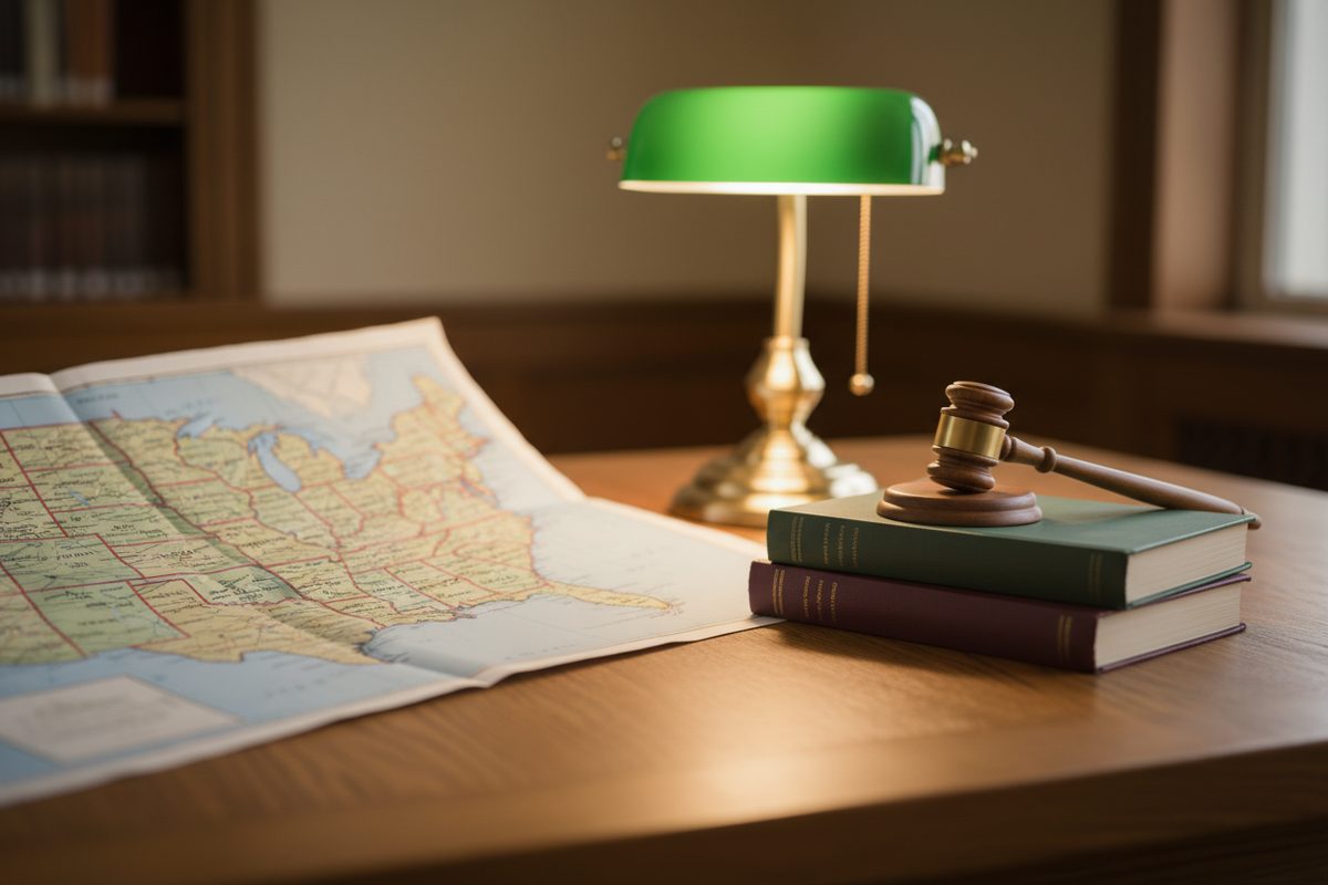 US map, stack of unlabeled law books, and a small wooden gavel on a warm wooden library table
