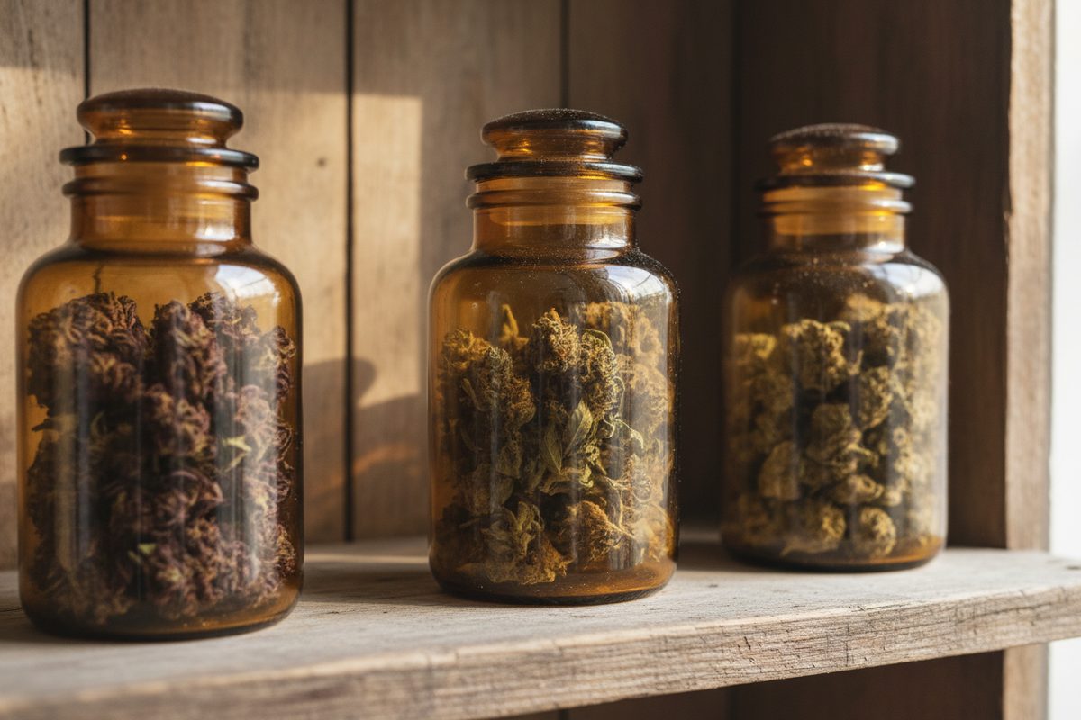 Three unlabeled amber glass jars of different-looking cannabis flower on a wooden shelf