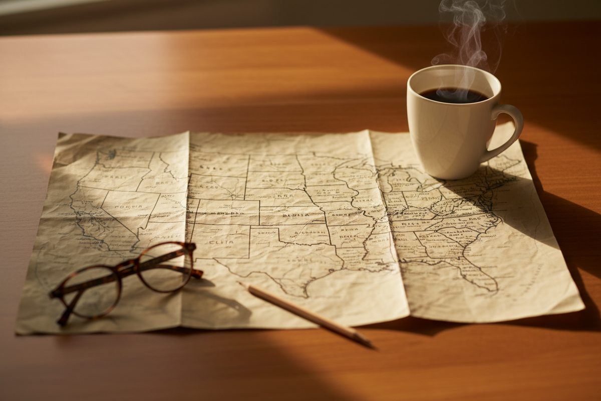 Overhead view of a US map on a wooden table with a coffee mug, reading glasses, and a pencil