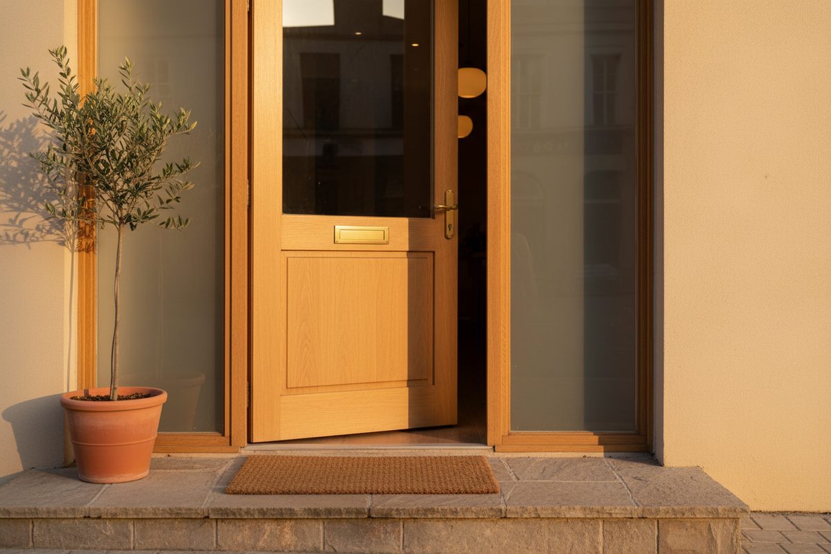 Inviting wooden front door of a boutique shop with a plain coir welcome mat and warm interior glow